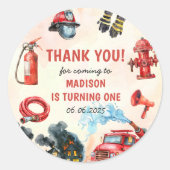 消防車の消防士1st誕生日パーティー ラウンドシール (正面)