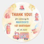 消防車の消防士1st誕生日パーティー ラウンドシール (正面)