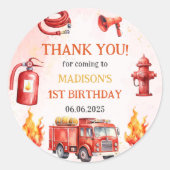 消防車の消防士1st誕生日パーティー ラウンドシール (正面)