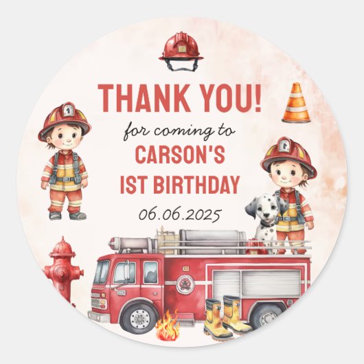 消防車の消防士1st誕生日パーティー ラウンドシール (正面)