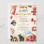 消防車の消防士1st誕生日パーティー 招待状 (正面)