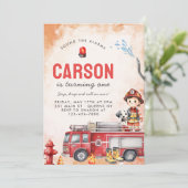 消防車の消防士1st誕生日パーティー 招待状 (スタンド正面)