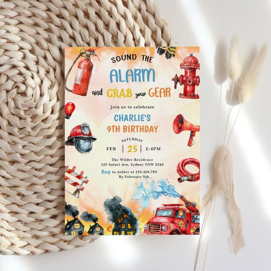 消防車の消防士1st誕生日パーティー 招待状