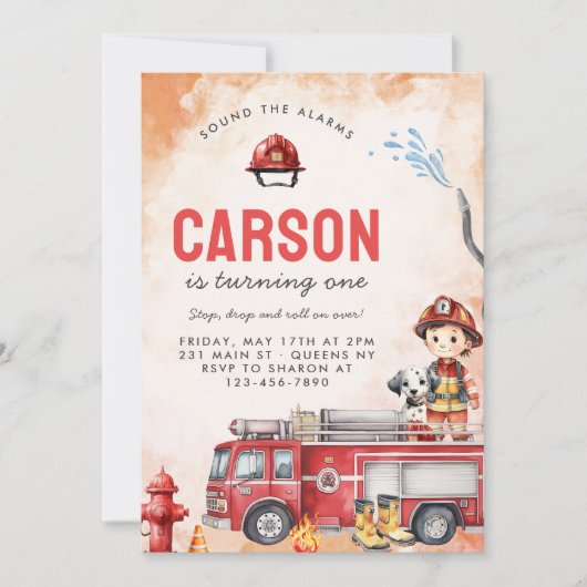 消防車の消防士1st誕生日パーティー 招待状 (正面)