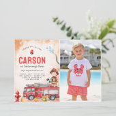 消防車の消防士2nd誕生日パーティー写真 招待状 (スタンド正面)