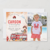 消防車の消防士2nd誕生日パーティー写真 招待状 (正面)