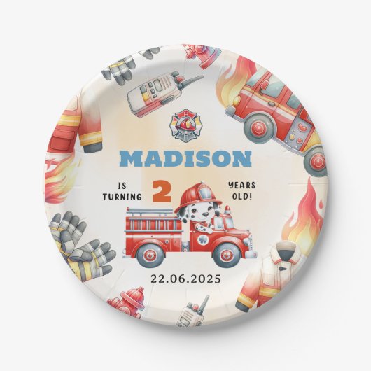 消防車の消防士2nd誕生日パーティー ペーパープレート (正面)
