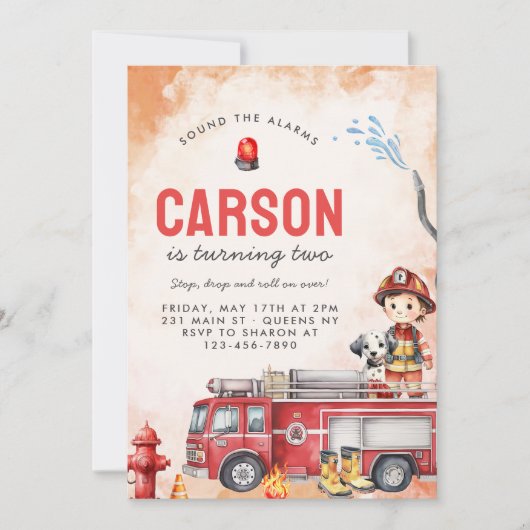 消防車の消防士2nd誕生日パーティー 招待状 (正面)