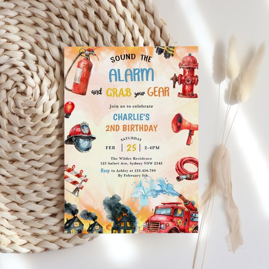 消防車の消防士2nd誕生日パーティー 招待状