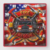 消防車の消防士 スクエア壁時計 (正面)