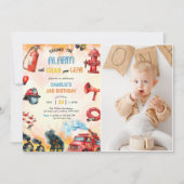 消防車の消防士 1歳の誕生日パーティーの写真 招待状 (正面)