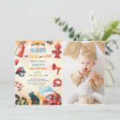 消防車の消防士 1歳の誕生日パーティーの写真 招待状 (スタンド正面)