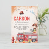 消防車の消防士 1歳の誕生日パーティー 招待状 (スタンド正面)