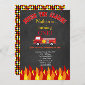 消防車の消防機関最初の誕生日パーティー招待状 招待状 (正面/裏面)