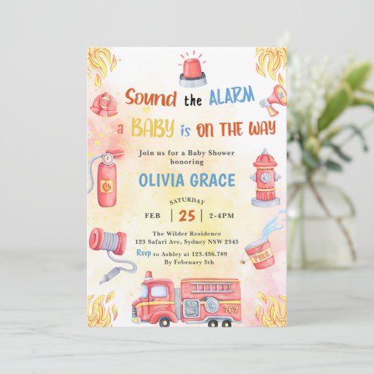 消防車の消防機関赤ちゃんシャワーパーティー 招待状 (スタンド正面)