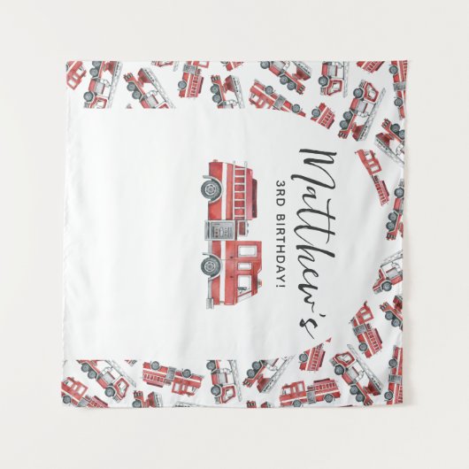 消防車の消防車のエンジンの誕生日パーティーの背景 タペストリー (正面(横))