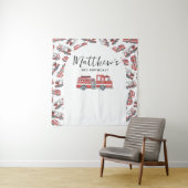 消防車の消防車のエンジンの誕生日パーティーの背景 タペストリー (インサイチュ)