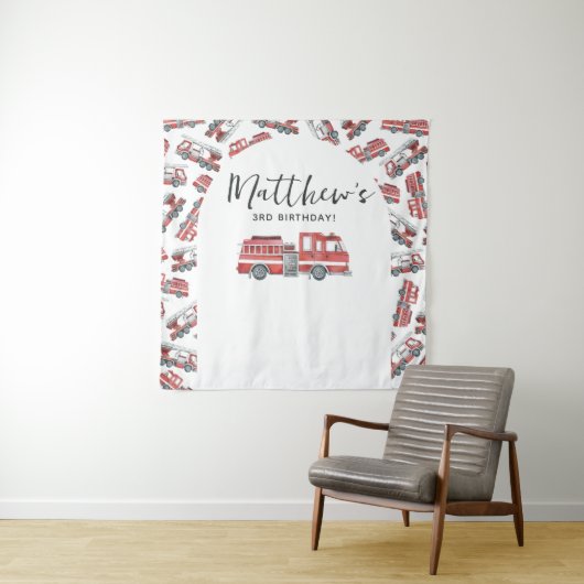 消防車の消防車のエンジンの誕生日パーティーの背景 タペストリー (インサイチュ)
