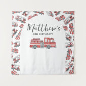 消防車の消防車のエンジンの誕生日パーティーの背景 タペストリー (正面)