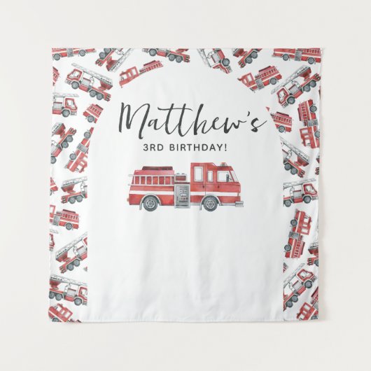 消防車の消防車のエンジンの誕生日パーティーの背景 タペストリー (正面)