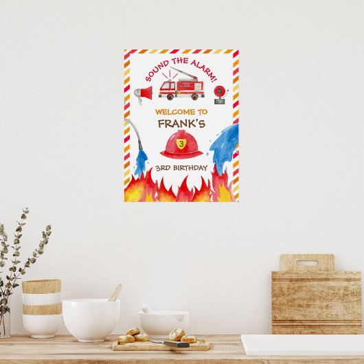 消防車の消防車のエンジンの誕生日パーティー歓迎サイン ポスター (キッチン)