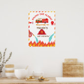 消防車の消防車のエンジンの誕生日パーティー歓迎サイン ポスター (キッチン)