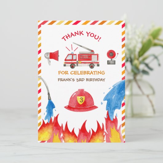 消防車の消防車のエンジン誕生日パーティーありがとう サンキューカード (スタンド正面)