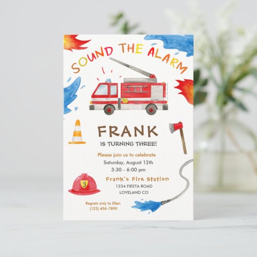 消防車の消防車のエンジン誕生日パーティーの招待状 招待状 (スタンド正面)