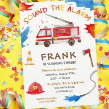 消防車の消防車のエンジン誕生日パーティーの招待状