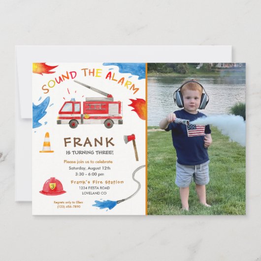 消防車の消防車のエンジン誕生日パーティー写真インビタ 招待状 (正面)