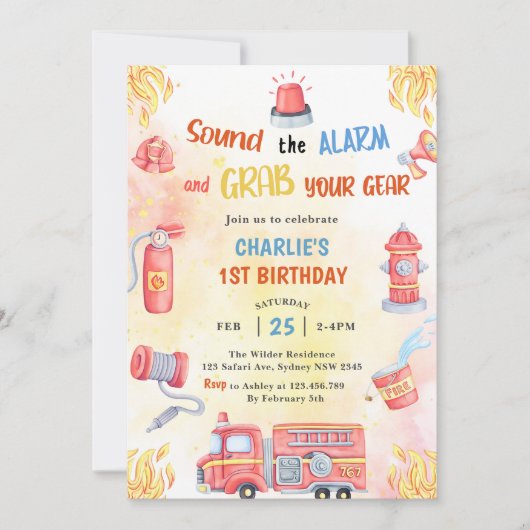 消防車の消防車の消防車の最初の誕生日パーティー 招待状 (正面)