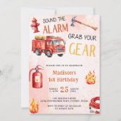 消防車の消防車の消防車の最初の誕生日パーティー 招待状 (正面)