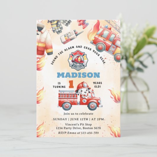 消防車の消防車の消防車の最初の誕生日パーティー 招待状 (スタンド正面)