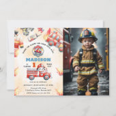 消防車の消防車エンジン1st誕生日パーティー写真 招待状 (正面)