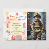 消防車の消防車エンジン1st誕生日パーティー写真 招待状 (正面)