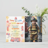 消防車の消防車エンジン1st誕生日パーティー写真 招待状 (スタンド正面)