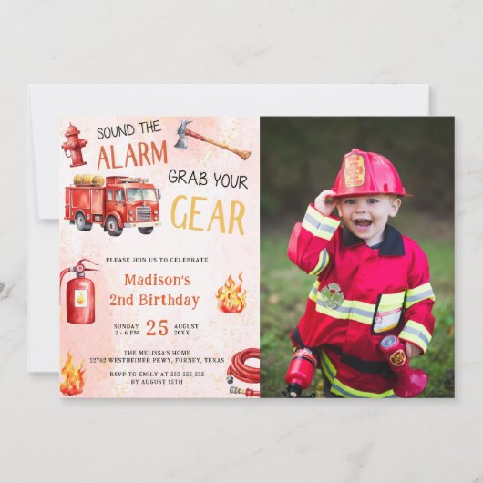 消防車の消防車2nd誕生日パーティー写真 招待状 (正面)