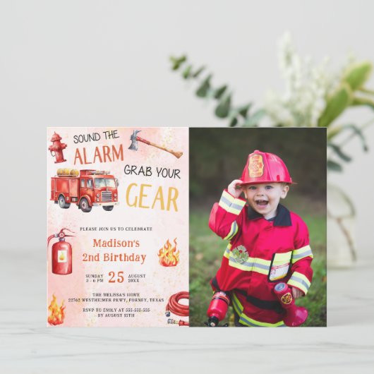 消防車の消防車2nd誕生日パーティー写真 招待状 (スタンド正面)