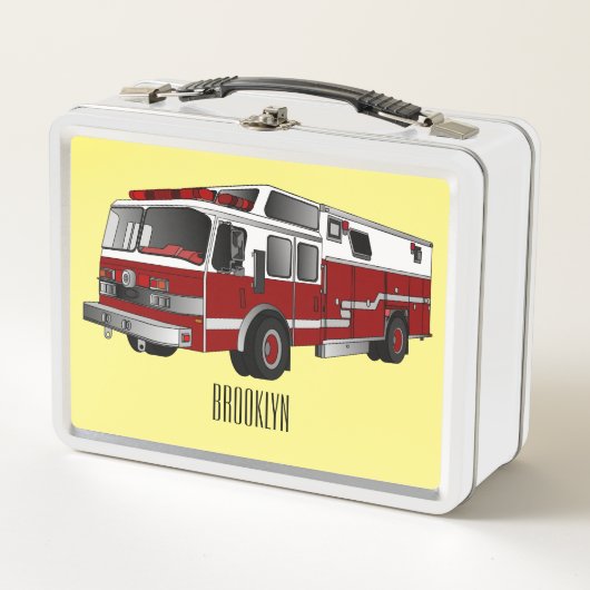 消防車の漫画イラストレーション メタルランチボックス (正面)