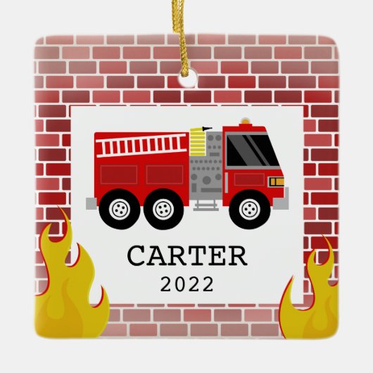 消防車の炎キッズリトルボーイクリスマス セラミックオーナメント (正面)