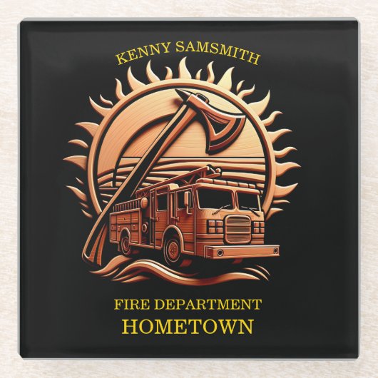 消防車の燃えるような勇敢な複雑な英雄的デザイン ガラスコースター (正面)