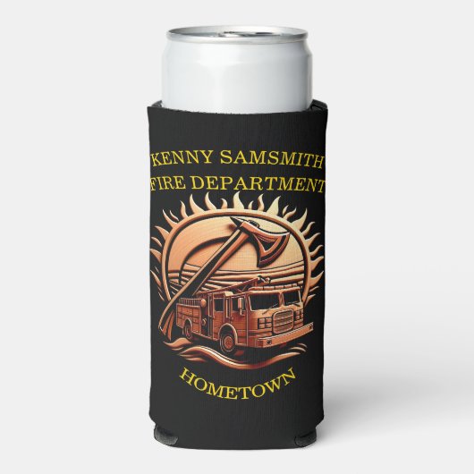 消防車の燃えるような勇敢な複雑な英雄的デザイン スリム缶クーラー (Seltzer正面)