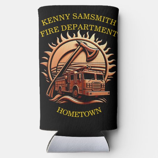 消防車の燃えるような勇敢な複雑な英雄的デザイン スリム缶クーラー (裏面)