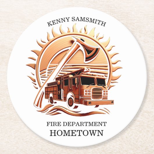 消防車の燃えるような勇敢な複雑な英雄的デザイン ラウンドペーパーコースター (正面)