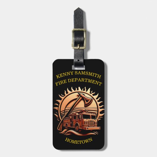 消防車の燃えるような勇敢な複雑な英雄的デザイン ラゲッジタグ (正面縦)