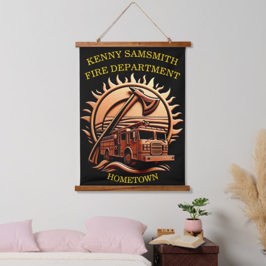 消防車の燃えるような勇敢な複雑な英雄的デザイン 吊り下げ型タペストリー (寝室)