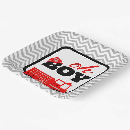 消防車の男の子の赤ちゃんシャワーパーティー ペーパープレート (傾斜あり)