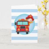 消防車の茶色の髪の少年 カード (黄色い花)