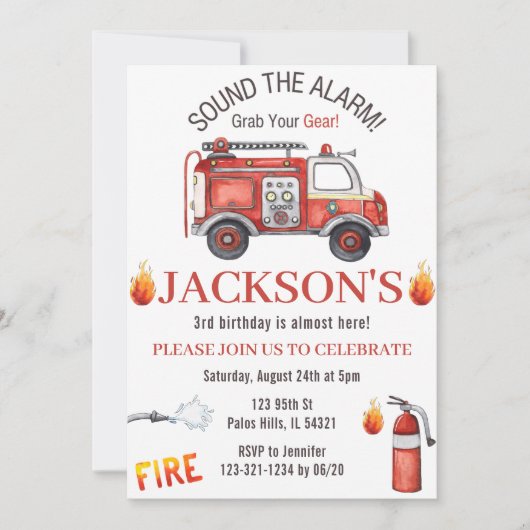 消防車の誕生日の招待ファイアマンの招待 招待状 (正面)