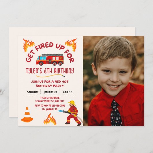 消防車の誕生日パーティフォト招待状 招待状 (正面/裏面)